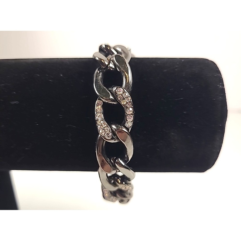 Gunmetal Toned Curb Link Bracelet‎ with Crystal Accents.
